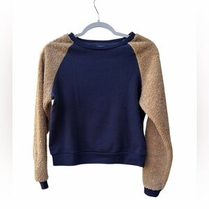 One After Another Nice Claup Blue/tan Faux Fur Sleeves  Sweatshirt WM SZ Japan F